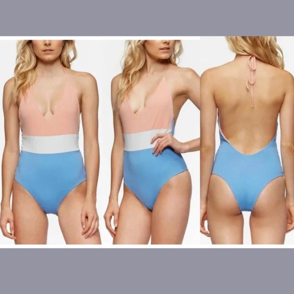 NEW Tavik‎ [ XS ] Chase Colorblock Deep V One-Piece Swimsuit in Sea Blue